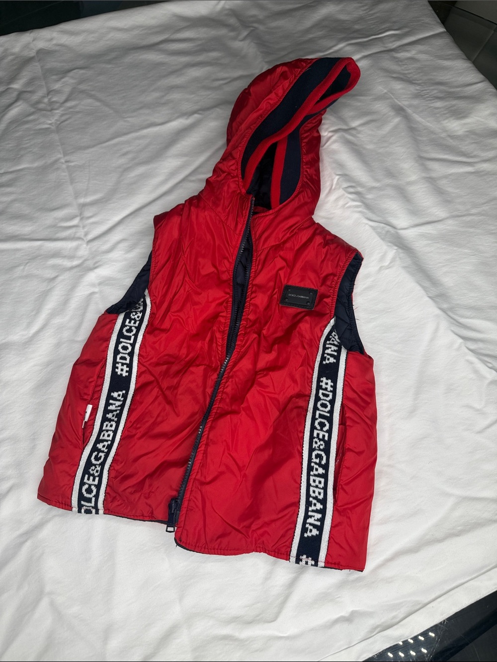 Dolce & Gabbana Kids Red Hooded Puffer Vest with Navy Trim